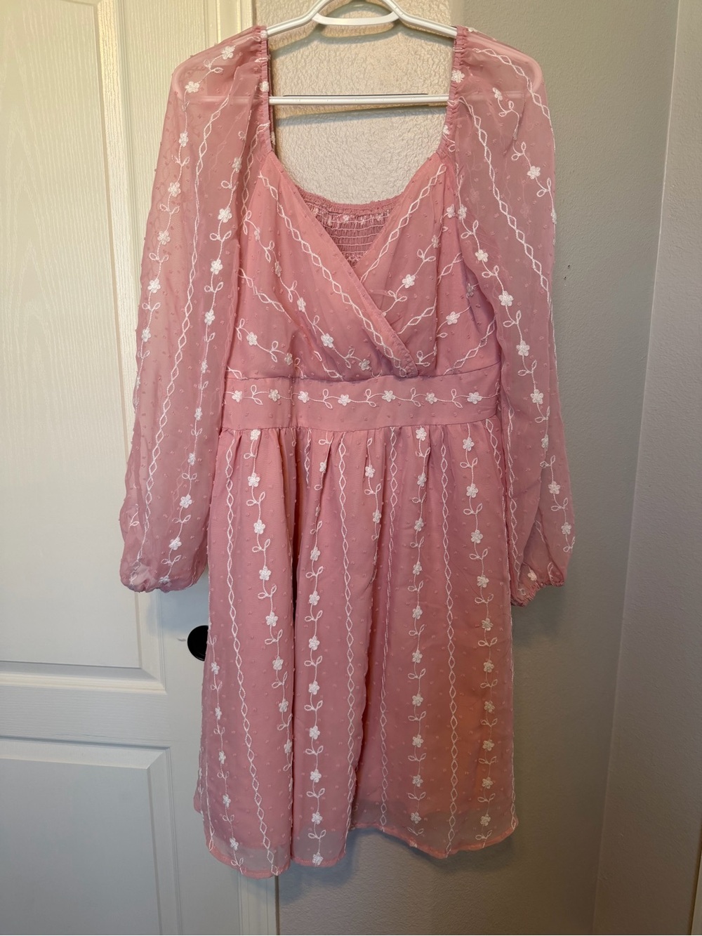 SHEIN Dusty Pink Embroidered Long-Sleeve Wrap Dress